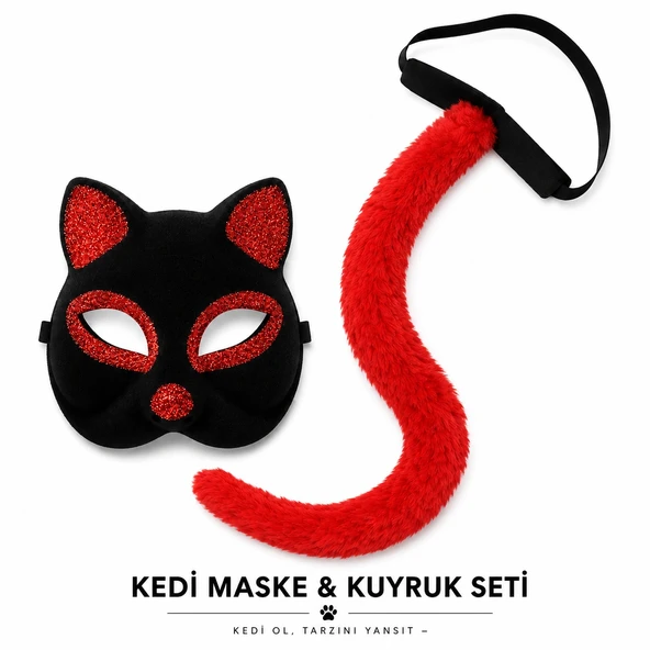 Kırmızı Kedi Maske ve Kuyruk Seti Parti Kostüm Aksesuarı ürün görseli 1