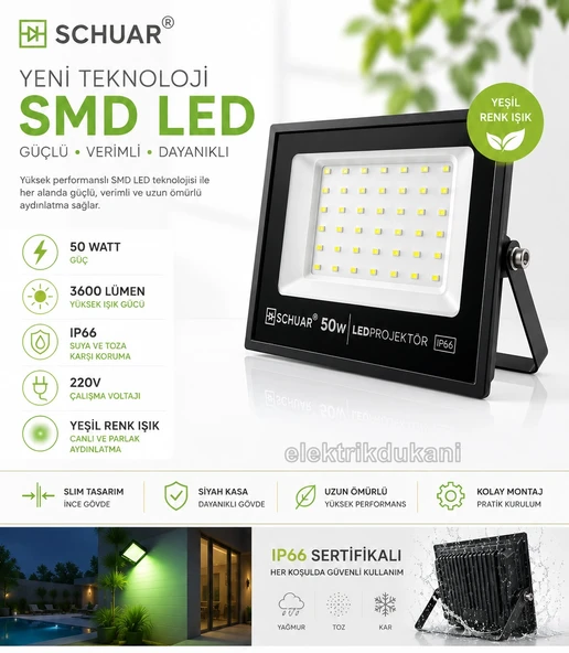 SCHUAR 50w YEŞİL Led Projektör SMD IP65 3600lm (50 Watt 220 Volt) ürün görseli 1