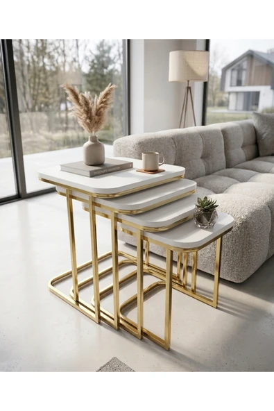 Aylive Mobilya Tekerlekli Zigon Sehpa - 4 lü Ayakları Gold Yüzey Beyaz-İç İçe Geçen Sehpa ürün görseli 1