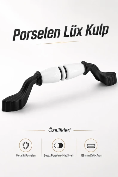 Porselen Beyaz Siyah Çizgi Kulp 128 mm 12.8 cm Mobilya Çekmece Dolabı Dolap Kapak Kulb Kulpu ürün görseli 1