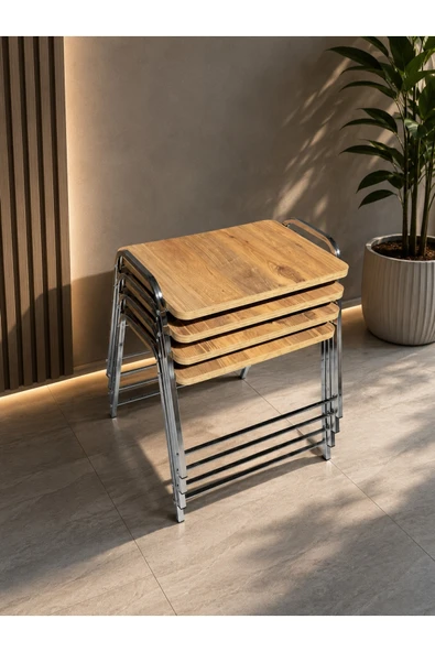 Teknor Gümüş Metal Ayaklı Ceviz Zigon Sehpa Seti 4'lü ürün görseli 1