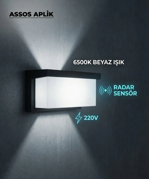 Assos Aplik Radar Sensörlü Dış Mekan Duvar Armatürü | 6500K Beyaz Işık | 220V ürün görseli 1