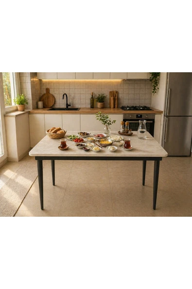 Aylive Mobilya Yemek Masası- Traverten MDF Metal Ayaklı Yemek Masası 68x108 cm ürün görseli 1