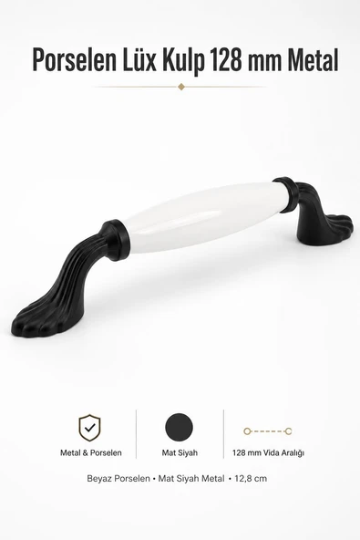 Beyaz Porselen Siyah Kulp 128 mm 12.8 cm Mobilya Çekmece Dolabı Dolap Kapak Kulb Kulpu ürün görseli 1