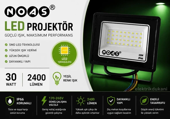 NOAS 30w YEŞİL Led Projektör SMD IP65 2400lm (30 Watt 220 Volt) ürün görseli 1
