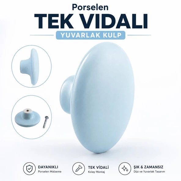 Porselen Yuvarlak Düz Mavi Renk (1 Adet) Mobilya Mutfak Gardrop Dolabı Kapak Kulpu Çekmece Kulbu ürün görseli 1