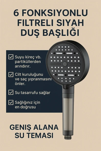 PureFlow 6 Fonksiyonlu Filtreli Duş Başlığı Su Tasarrufu Kireç Önleyici Su Arıtıcı ürün görseli 1