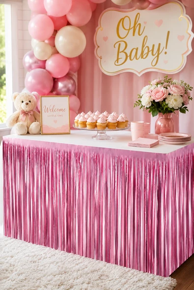 Metalize Mat Pembe Masa Eteği Fon Süs 240x75 Cm Parti Masa Dekorasyon ve Fon Süsü ürün görseli 1