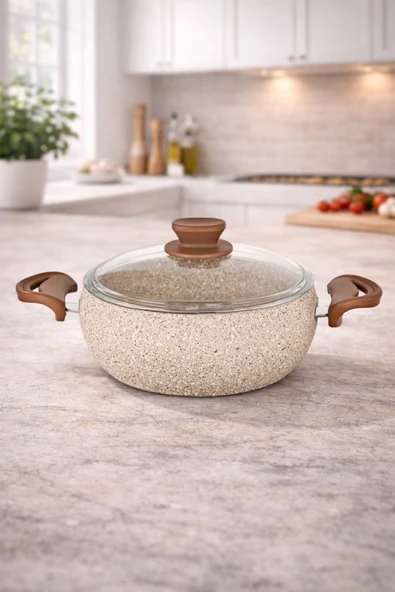 LAVONNI Granit Pro 20 Cm Derin Granit Güveç Tencere Siyah Bakalit Saplı Cam Kapaklı Yapışmaz ürün görseli 1