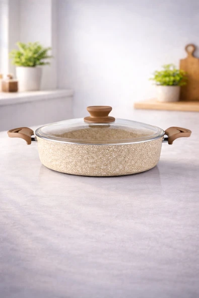 LAVONNI Diez 28 Cm Granit Basık Tencere Cappucıno Yapışmaz Karnıyarık & Pilav Tenceresi Cam Kapaklı ürün görseli 1