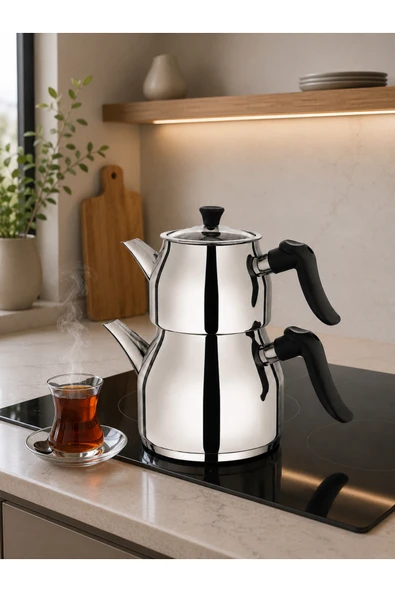LAVONNI Vera Büyük Boy Paslanmaz Çelik Çaydanlık Takımı İndüksiyon Uyumlu | Ergonomik Kulplu Inox Çelik Çaydanlık Seti 1 Litre+2 Litre ürün görseli 1