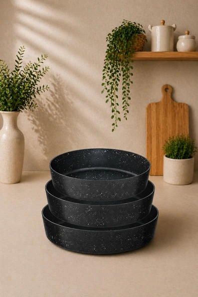 LAVONNI ProBake Granit 3 Parça Fırın Tepsi Set 28-30-32 Cm Siyah Yapışmaz Alüminyum Granit ürün görseli 1