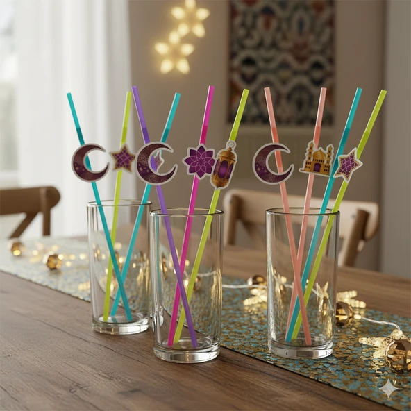 Ramazan Figürlü Artistik Pipet Mor 10 Adet - Ramazan İçecek Sunum Pipeti ürün görseli 1
