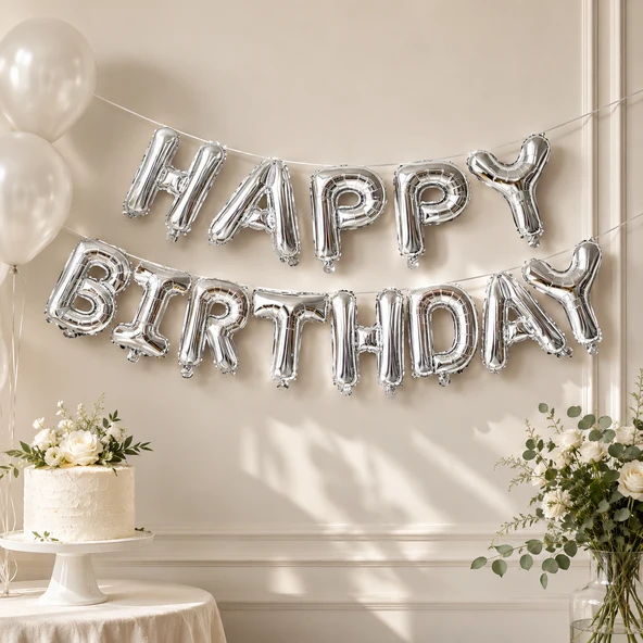 Happy Birthday Gümüş Folyo Balon Yazı Seti 13 Parça İpli Doğum Günü Parti Süsü Dekoru ürün görseli 1