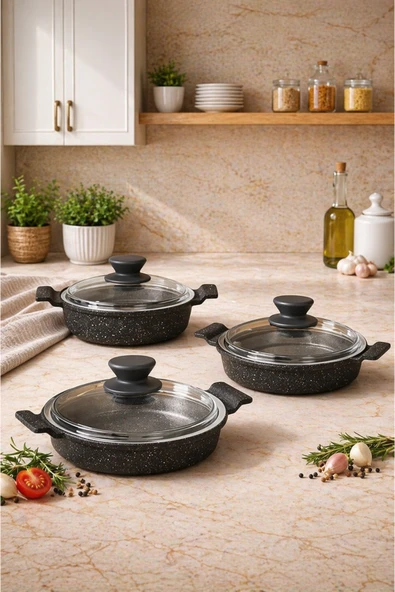 LAVONNI Nirvana 6 Parça Döküm Sahan Seti Siyah | 18-20-22 cm Cam Kapaklı Yapışmaz Granit Sahan Takımı | Eşit Isı Dağılımı | Çeyizlik ürün görseli 1