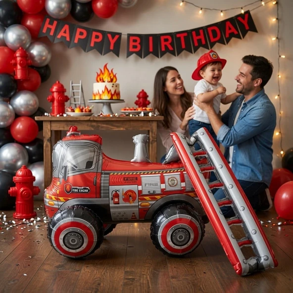 4D İtfaiye Aracı Folyo Balon 68x48 cm Doğum Günü Parti Süsü Temalı Dekorasyon Balonu ürün görseli 1
