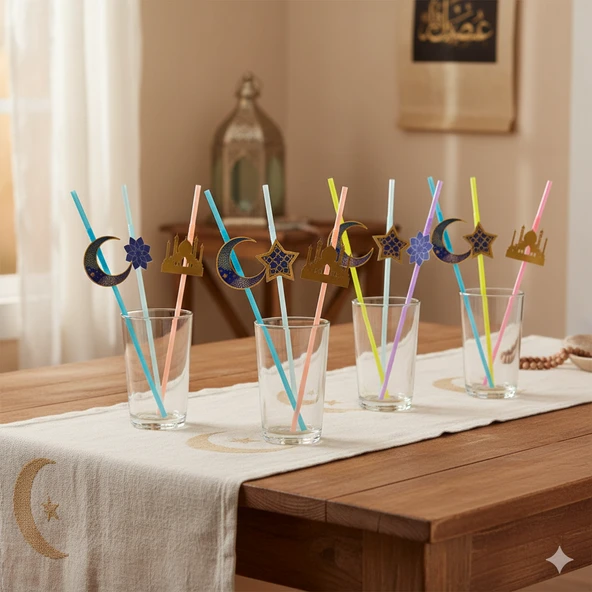 Ramazan Figürlü Artistik Pipet Mavi 10 Adet - Ramazan İçecek Sunum Pipeti ürün görseli 1