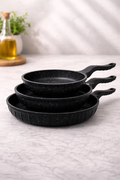 LAVONNI Line 3 Parça Döküm Granit Tava Seti Siyah | 20-24-28 cm Yapışmaz Çizilmez Tava Takımı | Kahvaltılık & Günlük Kullanım | Eşit Isı Dağılımı ürün görseli 1