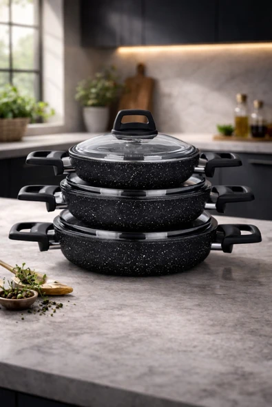 LAVONNI Stone 6 Parça Granit Ezme Cam Kapaklı Sahan Omlet Seti Siyah 18/20/22 Cm Yapışmaz ürün görseli 1