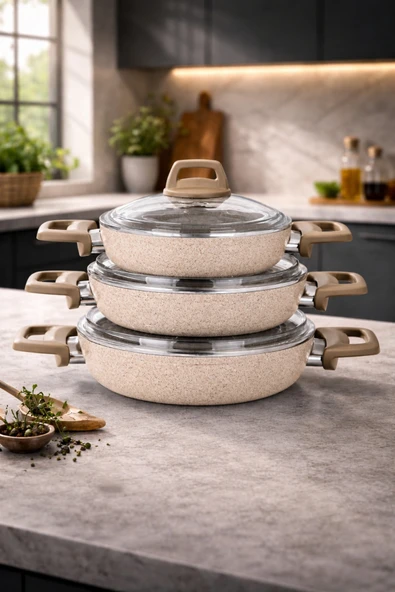 LAVONNI Stone 6 Parça Granit Ezme Cam Kapaklı Sahan Omlet Seti Gri 18/20/22 Cm Yapışmaz ürün görseli 1