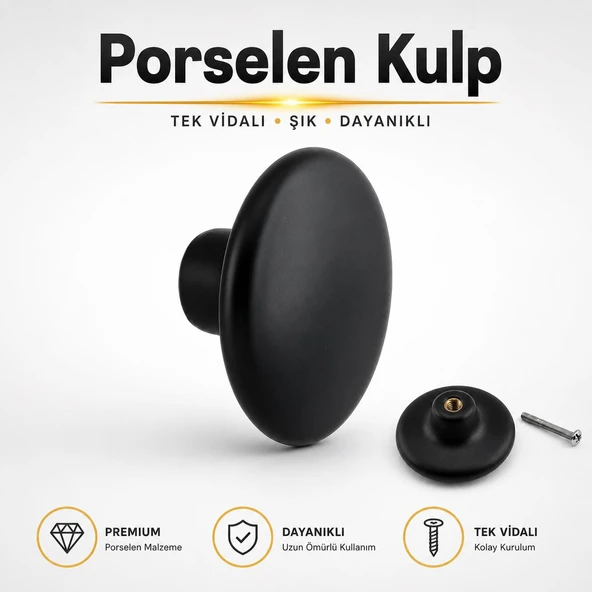 Porselen Yuvarlak (1 Adet) Düz Siyah Renk Mobilya Mutfak Gardrop Dolabı Kapak Kulpu Çekmece Kulbu ürün görseli 1