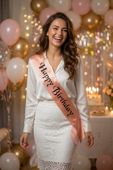 Happy Birthday Saten Kuşak Somon Üzeri Siyah Baskılı Doğum Günü Parti Kutlama Aksesuarı ürün görseli 1