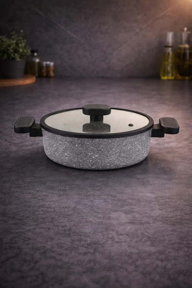 LAVONNI Valeria 26 cm Granit Basık Tencere Silikon Kenarlı Cam Kapak - Gri ürün görseli 1