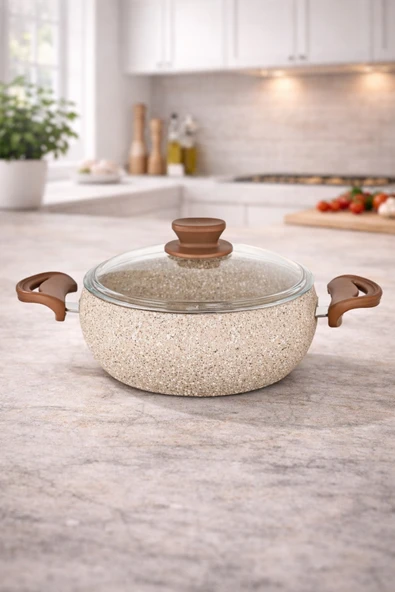 LAVONNI Granit Pro 18 Cm Derin Granit Güveç Tencere Cappucıno Bakalit Saplı Cam Kapaklı Yapışmaz ürün görseli 1