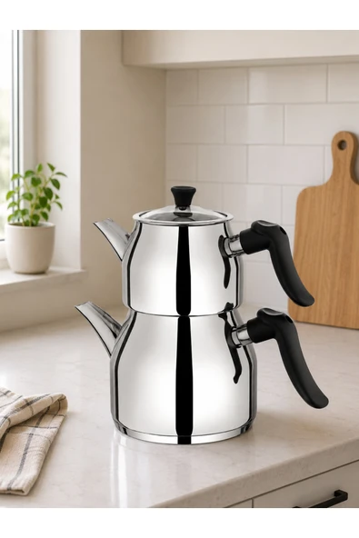 LAVONNI Vera Orta Boy Paslanmaz Çelik Çaydanlık Takımı İndüksiyon Uyumlu | Ergonomik Kulplu Inox Çelik Çaydanlık Seti 0,80 +1,80 Litre ürün görseli 1