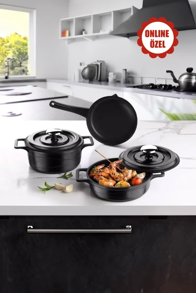 LAVONNI Smart Baby Series 5 Parça Mini Döküm Tencere Seti Siyah 14 Cm Fırın&Ocak Uyumlu ürün görseli 1
