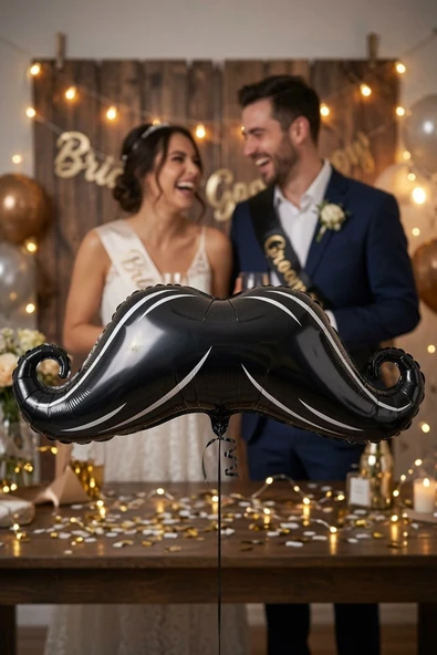 Bride Groom Bekarlığa Veda Folyo Balon Siyah Bıyık Model 40 İnç 45x98 Cm Parti Süsü ürün görseli 1