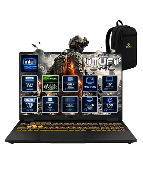 ASUS TUF GAMİNG F16 İ7-14650HX 48 GB 1 TB SSD RTX5060 16" WUXGA WİN11PRO  GAMİNG LAPTOP FX608JMR-RV077OKA18 ürün görseli 1