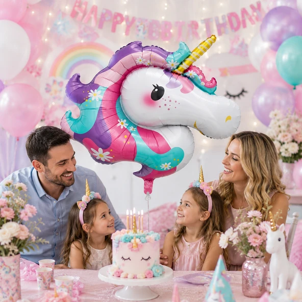 Unicorn Kafa Folyo Balon 86x107 cm Unicorn Temalı Doğum Günü Parti Süsü Dekorasyon Balonu ürün görseli 1