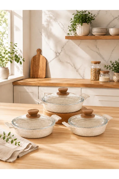 LAVONNI Nirvana 6 Parça Döküm Granit Sahan Seti Cappucıno| Yapışmaz Cam Kapaklı 18-20-22 cm | Kahvaltılık Sahan Takımı ürün görseli 1