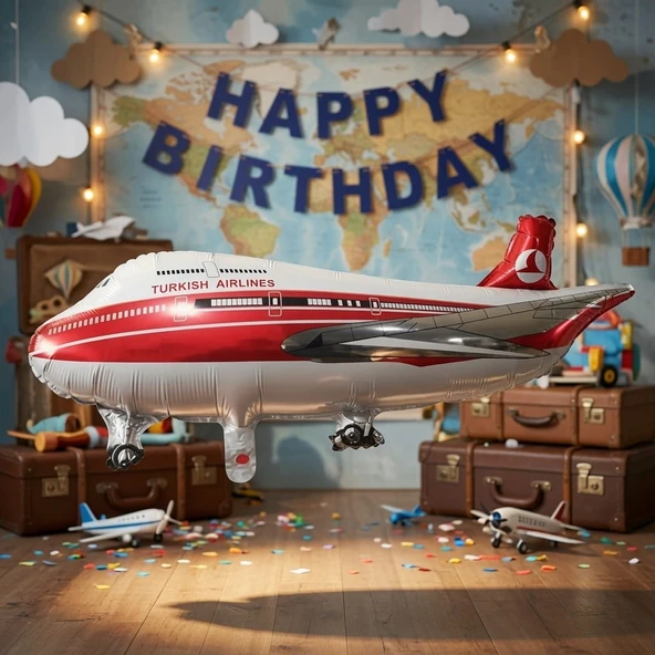 Türk Hava Yolları Uçak Folyo Balon 76x48 cm Uçak Temalı Doğum Günü Parti Süsü Balonu ürün görseli 1
