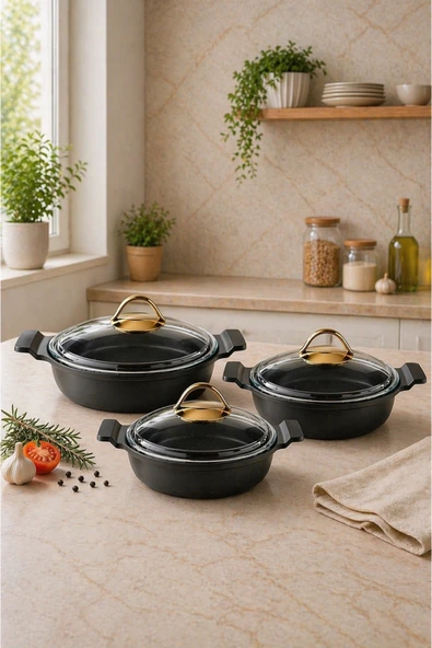 LAVONNI Nirvana 6 Parça Döküm Sahan Seti Siyah | 18-20-22 cm Cam Kapaklı Yapışmaz Granit Sahan Takımı | Eşit Isı Dağılımı | Çeyizlik ürün görseli 1