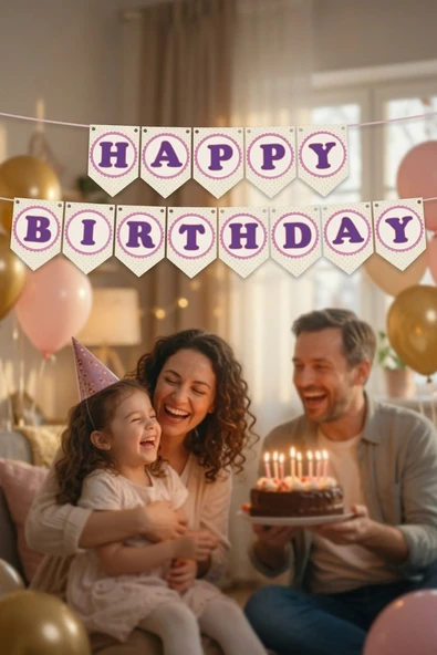 Dekoratif Happy Birthday Puantiyeli Kağıt Banner İpli Doğum Günü Parti Süsleme Seti ürün görseli 1