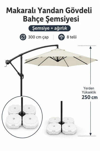 Makaralı Krem Bahçe Şemsiyesi 300 cm Çap / 8 Telli + 4'lü 20 lt Sabitleyici Bidon DAHİLDİR ürün görseli 1