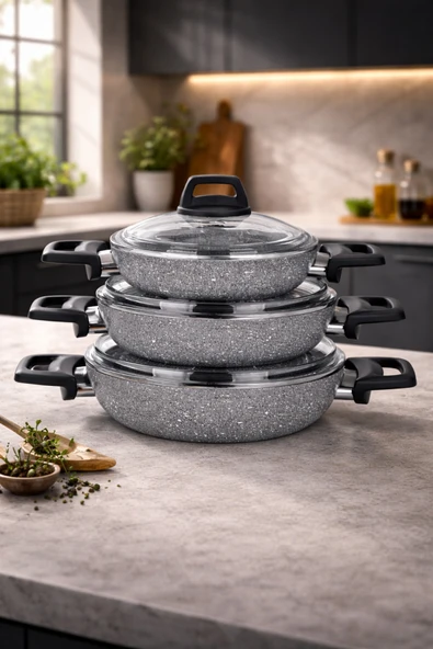 LAVONNI Stone 6 Parça Granit Ezme Cam Kapaklı Sahan Omlet Seti Gri 18/20/22 Cm Yapışmaz ürün görseli 1
