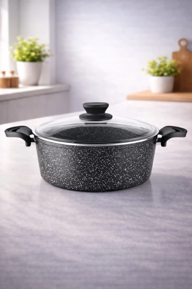 LAVONNI Diez 24 cm Granit Derin Tencere Siyah Cam Kapaklı Yapışmaz ürün görseli 1