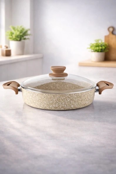 LAVONNI Diez 32 Cm Granit Basık Tencere Cappucıno Yapışmaz Karnıyarık & Pilav Tenceresi Cam Kapaklı ürün görseli 1