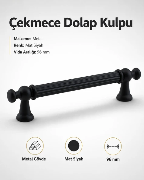 Mat Siyah Metal (96 mm - 9.6 cm) Mobilya Mutfak Çekmece Dolap Dolabı Kulbu Kulpu Kulpları ürün görseli 1