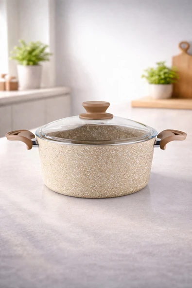 LAVONNI Diez 28 Cm Granit Derin Tencere Cappucıno Cam Kapaklı Yanmaz Yapışmaz ürün görseli 1