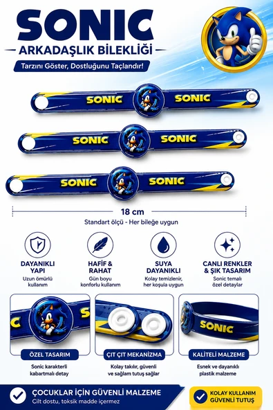 Sonic Temalı 3'lü Çıtçıtlı Kanka Bileklik Seti 18 cm Plastik Çocuk Arkadaşlık Bilekliği ürün görseli 1