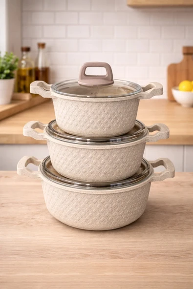 LAVONNI Obsidyen 6 Parça Döküm Granit Tencere Seti Cappucıno | Yapışmaz Çizilmez Cam Kapaklı Derin Tencere Seti Çeyizlik | 16-18-20 cm ürün görseli 1