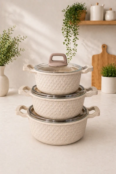 LAVONNI Obsidyen 6 Parça Döküm Granit Tencere Seti Cappucıno | Yapışmaz Çizilmez Cam Kapaklı Çeyizlik Mutfak Seti | 16-18-20 cm ürün görseli 1