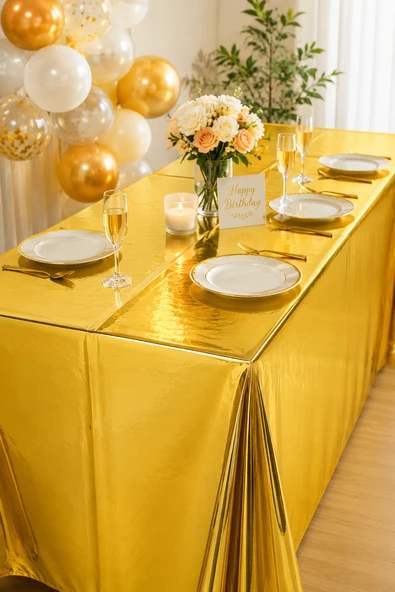 Gold Altın Metalik Parti Masa Örtüsü 137x183 Cm Doğum Günü Kutlama Masa Dekoru ürün görseli 1