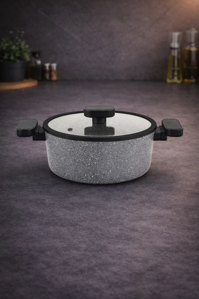 LAVONNI Valeria 24 cm Granit Derin Tencere Silikon Kenarlı Cam Kapak - Gri ürün görseli 1