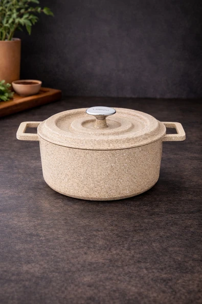 LAVONNI Elexsus 24 Cm 4.5 lt. Döküm Granit Derin Tencere Cappucıno Döküm Kapaklı Yapışmaz ürün görseli 1