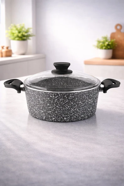 LAVONNI Diez 28 Cm Granit Derin Tencere Gri Cam Kapaklı Yanmaz Yapışmaz ürün görseli 1